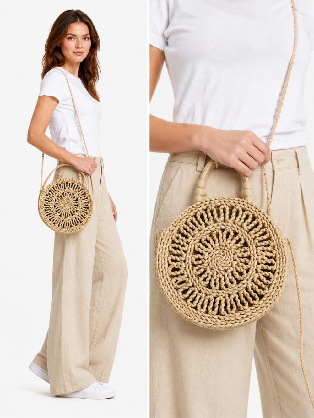 Sun 'N' Sand Round Straw Crossbody Bag | Woven Wicker Boho Beach Purse with Zip